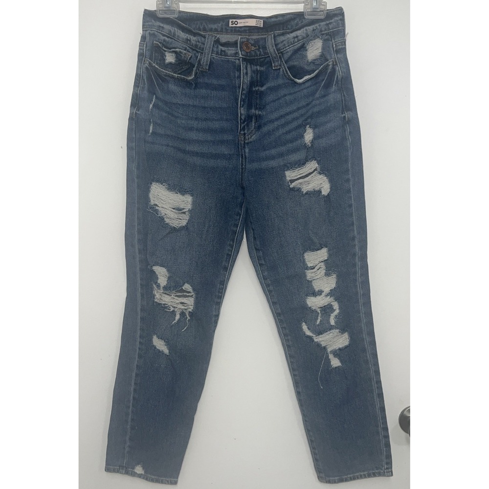 SO High Rise Mom Jean Distressed Women's size 5 /27W Medium Wash Blue Denim